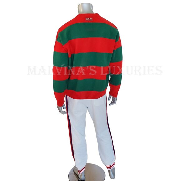 GUCCI MENS SWEATER RED GREEN FELTED WOOL STRIPED PULLOVER V-NECK - Picture 11 of 16